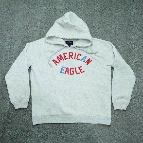 American Eagle Hoodie Sweatshirt Boys Size Large Gray Red Distressed Drawstring - Picture 1 of 5